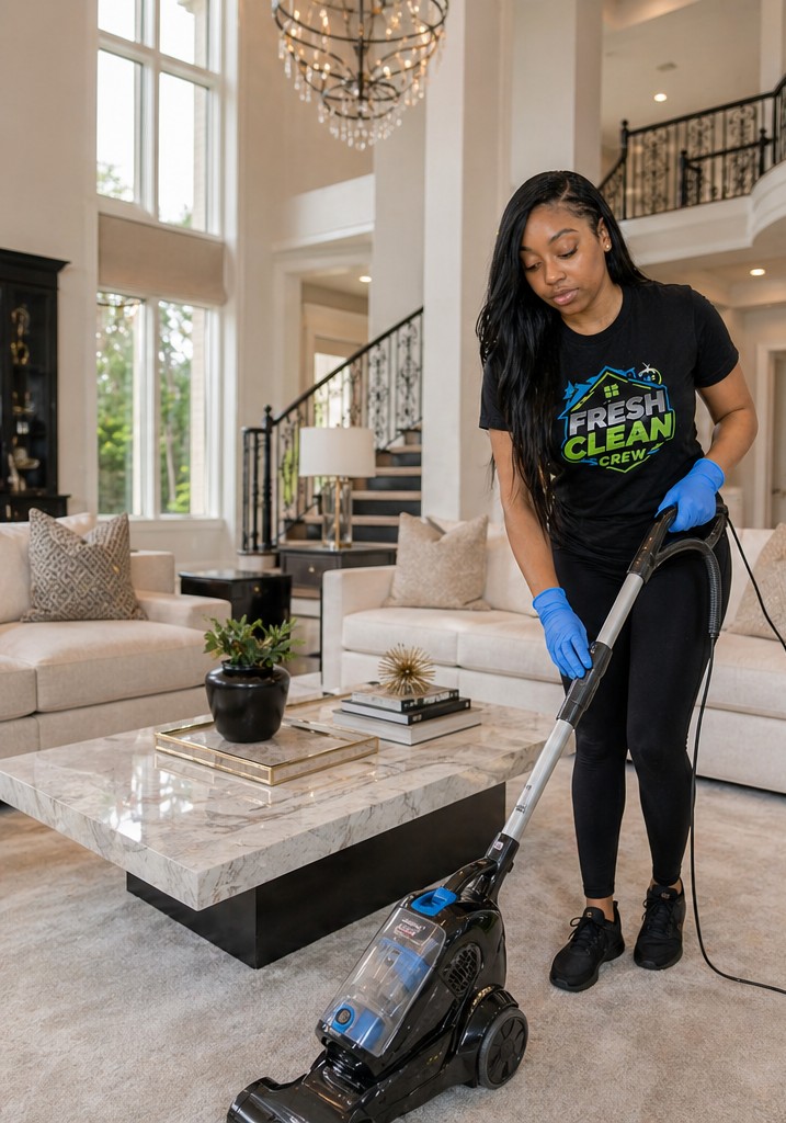 Fresh & Clean Crew team member vacuuming a luxury living room